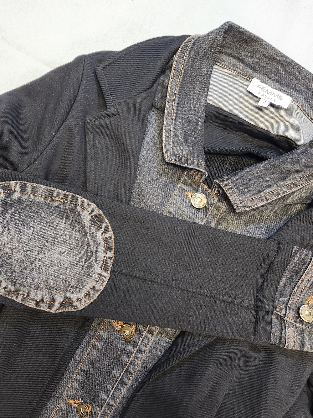 Femme Fatale Clarissa Jacket Small Mixed Media Denim Accents Patches Black Coat